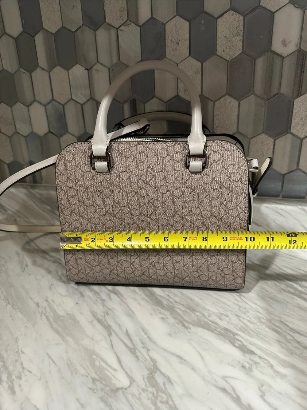 Calvin Klein Taupe/Beige Monogram Satchel with Adjustable Strap